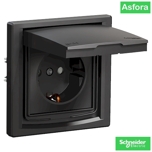Снимка 1 на: Контакт противовлажен Asfora, ШУКО 2Р+Т, 10/16А 250V, черен IP44.