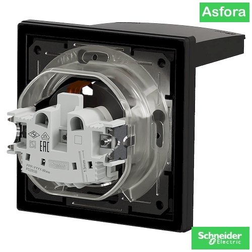 Снимка 2 на: Контакт противовлажен Asfora, ШУКО 2Р+Т, 10/16А 250V, черен IP44.