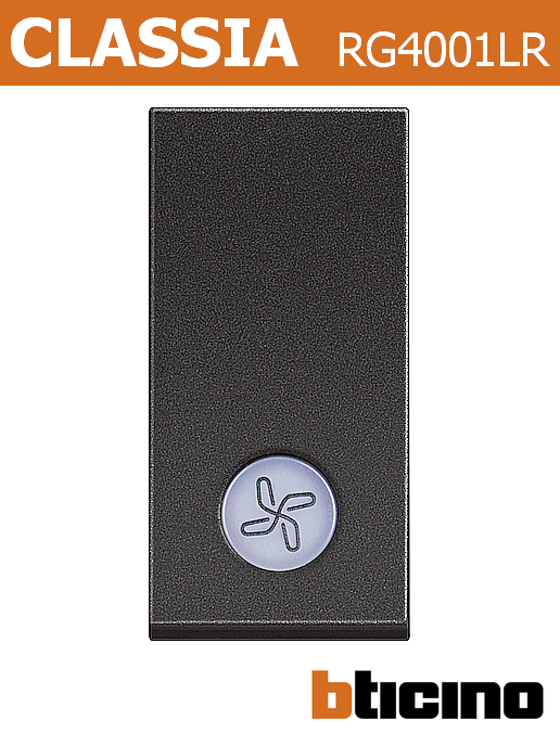 Еднополюсен ключ с светлинна индикация и символ вентилатор едномодулен 10А, черен, Classia Bticino