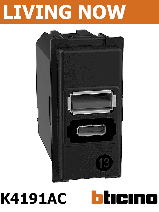 Розетка 2x USB за зареждане type A + C 3A 15W едномодулен Living Now Bticino