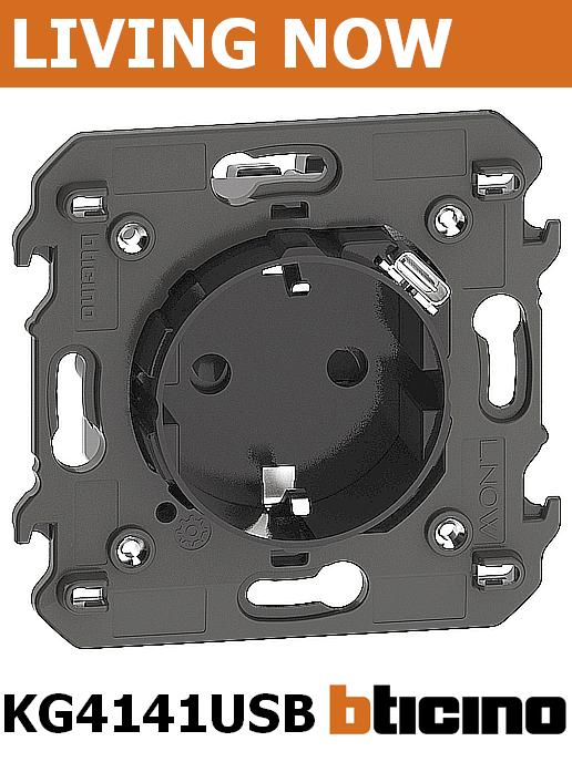 Контакт ШУКО 2P+E 16А + USB type C 1.5A 7.5W с носеща рамка цвят Черен Living Now Bticino
