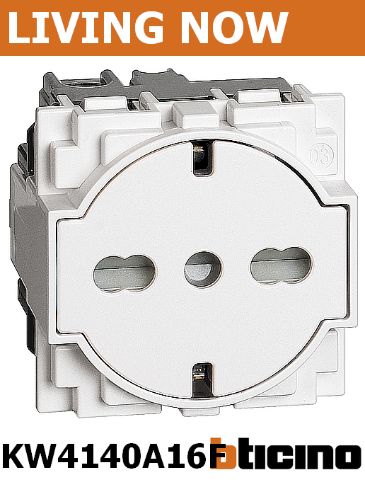 Плосък контакт ШУКО/ИТАЛИАНСКИ стандарт 2P+Е 16А детска защита цвят Бял Living Now Bticino