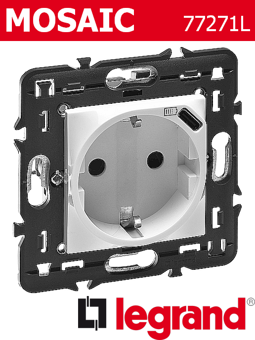 Контакт шуко 2P+E 16A + USB type C 1.5A 7.5W, бял Mosaic Legrand