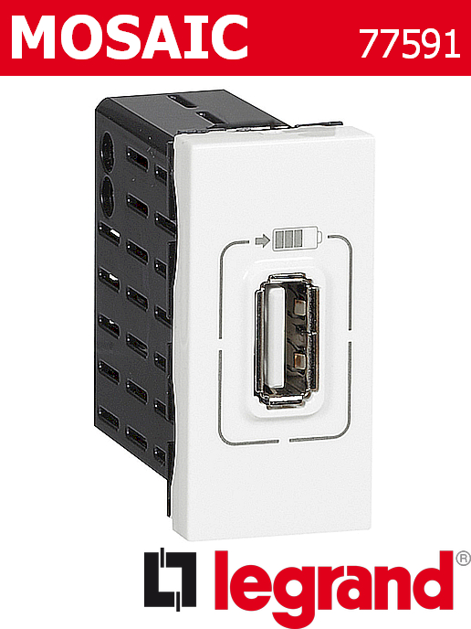 Розетка USB за зареждане type A 1.1A 5.5W едномодулен, бял Mosaic Legrand