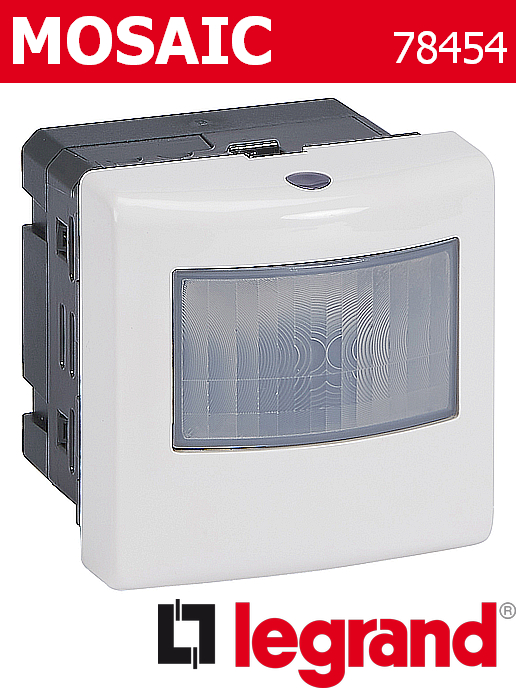 Датчик за движение PIR, 120°, обхват 4m @ h=1.2m, LED ≤ 250W, изисква неутрала,, бял Mosaic Legrand /до изчерпване/ Датчик за движение PIR, 120°, обхват 4m @ h=1.2m, LED ≤ 250W, изисква неутрала,, бял Mosaic Legrand /до изчерпване/