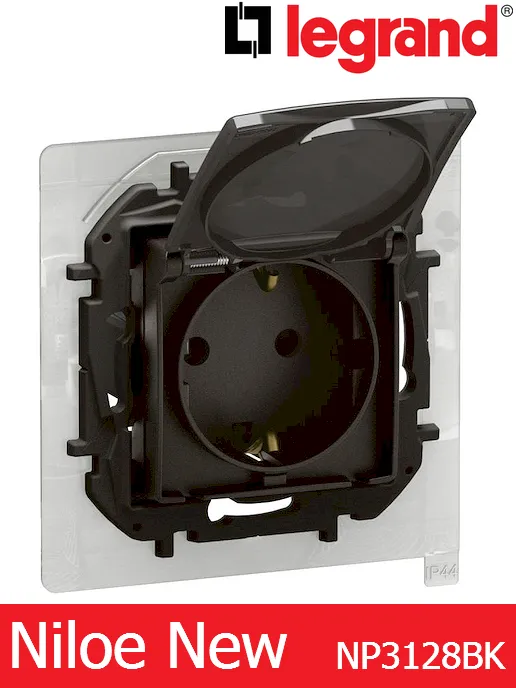 Контакт Шуко 16A с капак противовлажен IP44 и детска защита – черен Legrand Niloe New NP3128BK