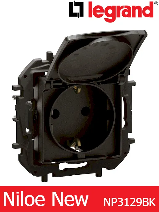 Контакт Шуко 16A с капак и детска защита – черен Legrand Niloe New NP3129BK