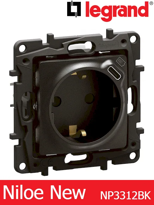 Контакт Шуко 16A с детска защита +  usb type C 7.5W – черен Legrand Niloe New NP3312BK