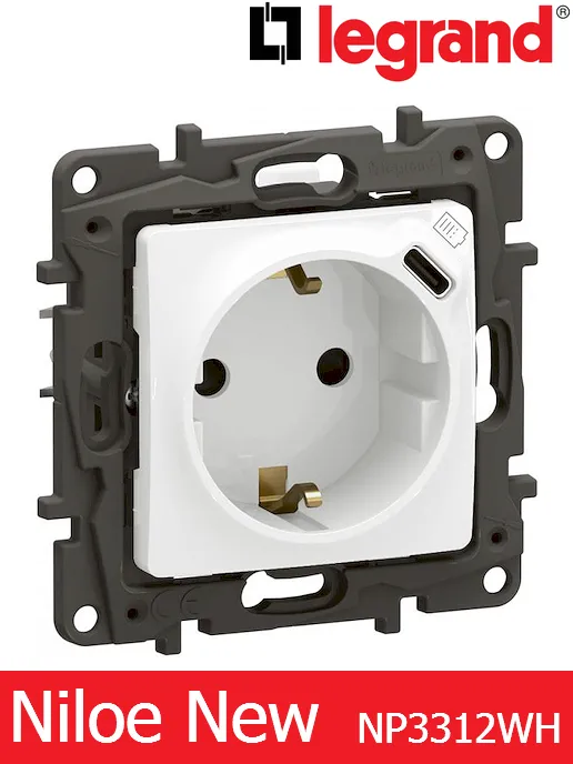 Контакт Шуко 16A с детска защита + usb type C 7.5W – бял Legrand Niloe New NP3312WH