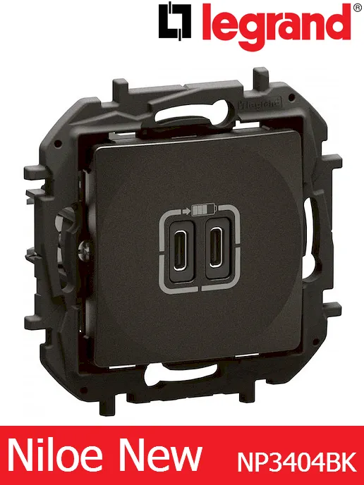 Розетка 2× USB Type C 3A 15W – цвят черен, Legrand Niloe New NP3404BK