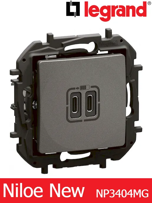 Розетка 2× USB Type-C 3A 15W – цвят сив, Legrand Niloe New NP3404MG