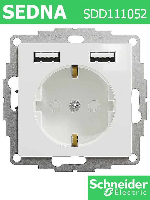 Контакт Sedna New, ШУКО 2Р+Т + 2USB A type, 5V, бял