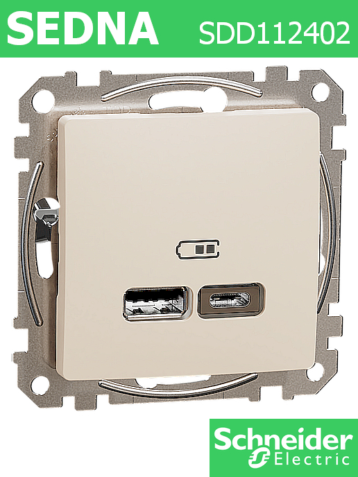 2X USB A+C розетка Sedna New, 5V DC, 2.4A, Charger, крем