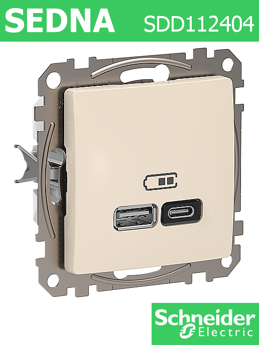 Розета 2х USB за зарежданеr, Sedna New, type A + C, 3A, 45W, крем