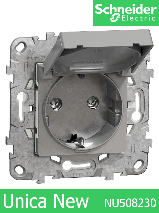 Противовлажен контакт шуко с капак IP44, мех. с рамка Unica New Алуминий