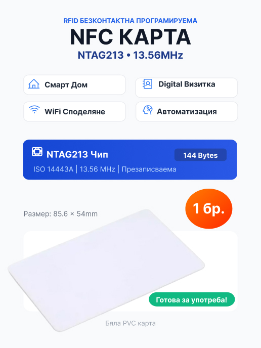 Смарт NFC карта 13,56 MHz NTAG213 (144 Bytes) за смарт дом и уеб линкове