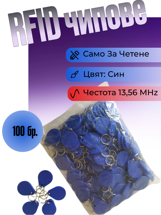 Високочестотен безконтактен чип в пакет 100бр на 13,56 MHz Mifare 1K, цвят син, модел ID3
