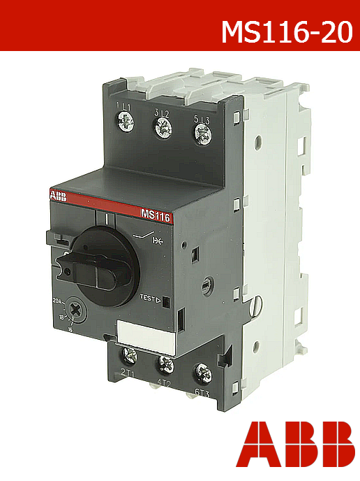 Моторна защита ABB MS116-20 – трифазна 400V AC до 9kW | 16–20A