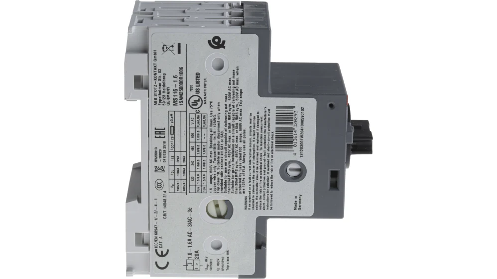 ABB MS116-1.6 моторна защита, страничен изглед, 1-1.6A.