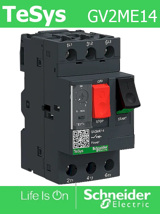 Моторна защита Schneider GV2ME14 – трифазна 400V AC до 4kW | 6–10A