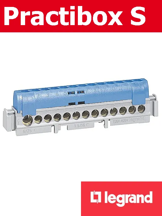 Нулева клема синя 1х6-25мм2 + 12х1.5-16мм2 (L=113мм) и DIN