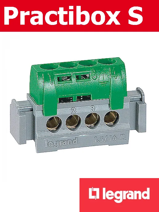 Заземителна клема зелена с 4 отвора за кабел 1.5-16мм2 (L=47мм)