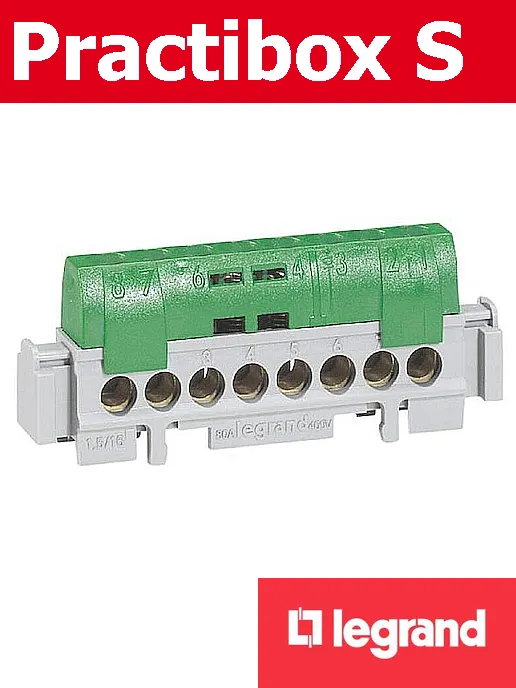 Заземителна клема зелена с 8 отвора за кабел 1.5-16мм2 (L=75мм) и DIN