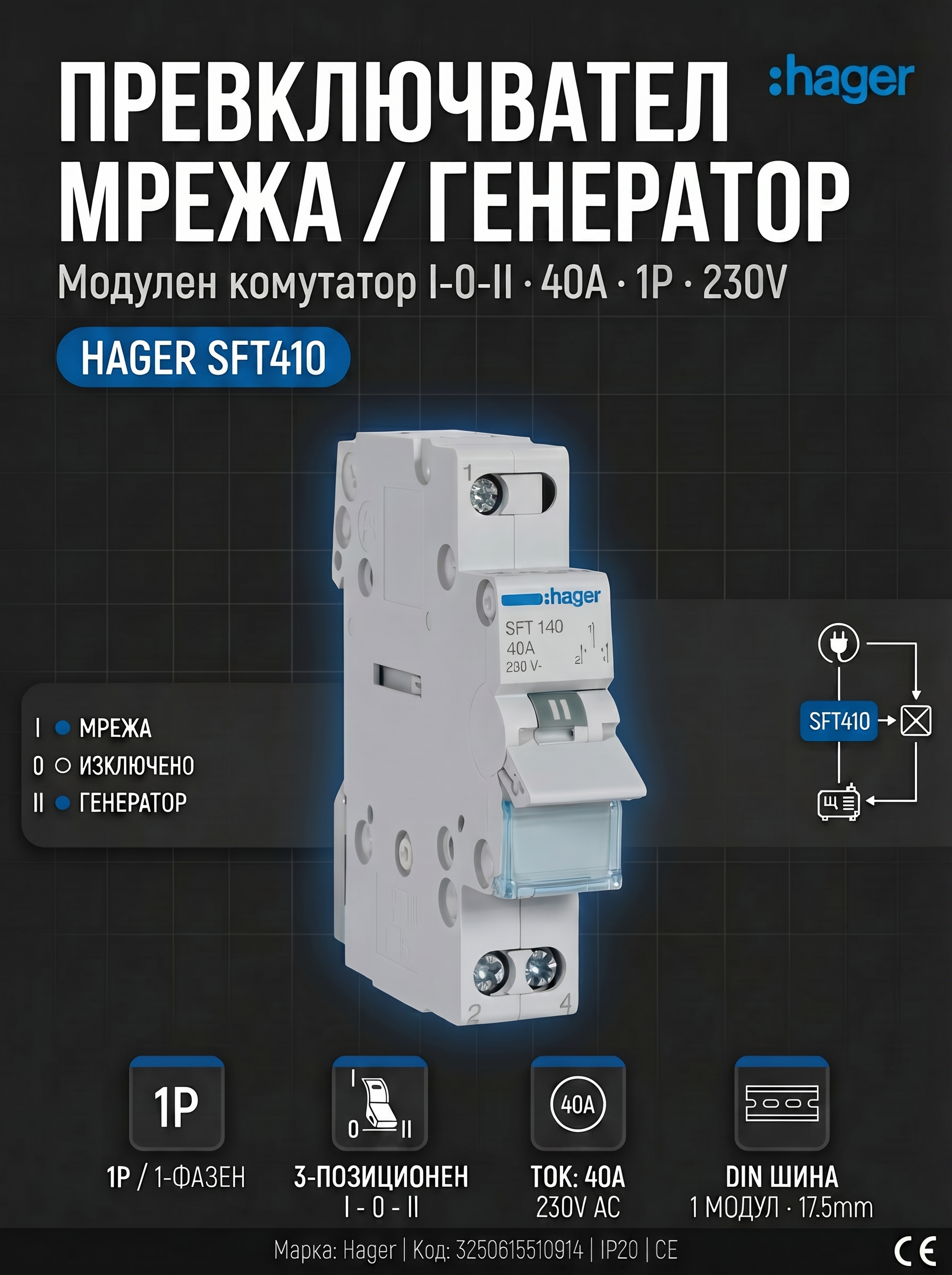 Ум шалтер Hager SFT140 (40A 1P 230V) DIN монтаж | Монофазен превключвател мрежа-генератор I-0-II