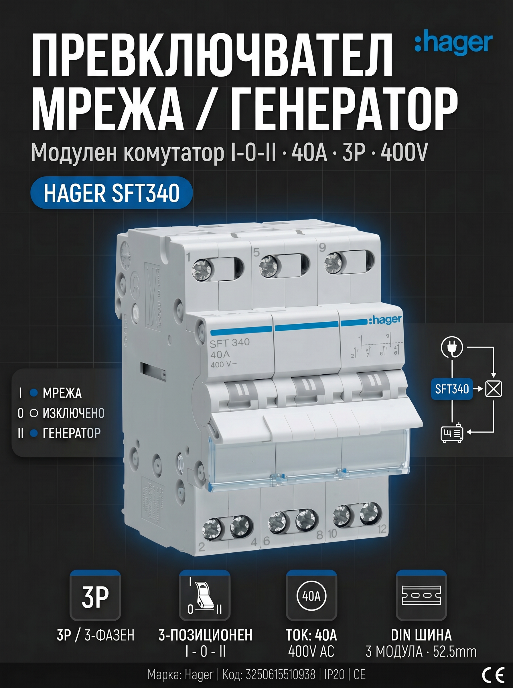 Ум шалтер Hager SFT340 (40A 3P 400V) DIN монтаж | Трифазен триполюсен превключвател мрежа-генератор I-0-II
